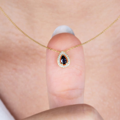 Sapphire Drop Necklace in 14K Solid Gold with Real Diamonds Surrounded, September Birthstone Jewelry