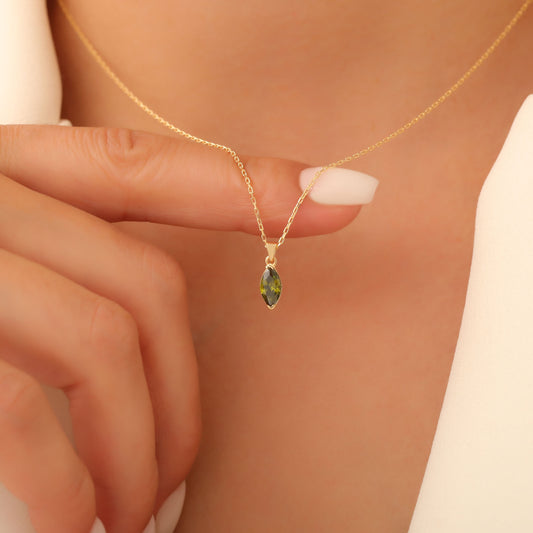 Peridot Marquise Necklace in 14K Solid Gold | August Birthstone Pendant Queen Jewelry Necklace