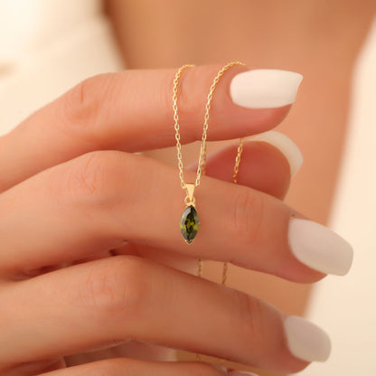 Peridot Marquise Necklace in 14K Solid Gold | August Birthstone Pendant Queen Jewelry Necklace