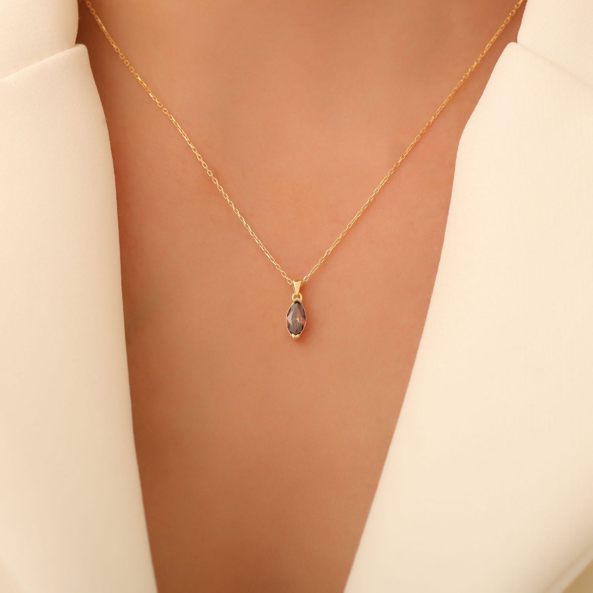 Smoky Quartz Marquise Necklace in 14K Solid Gold | Birthstone Pendant Queen Jewelry Necklace