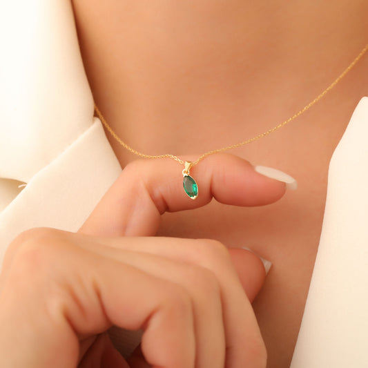 Emerald Marquise Necklace in 14K Solid Gold | May Birthstone Pendant Queen Jewelry Necklace