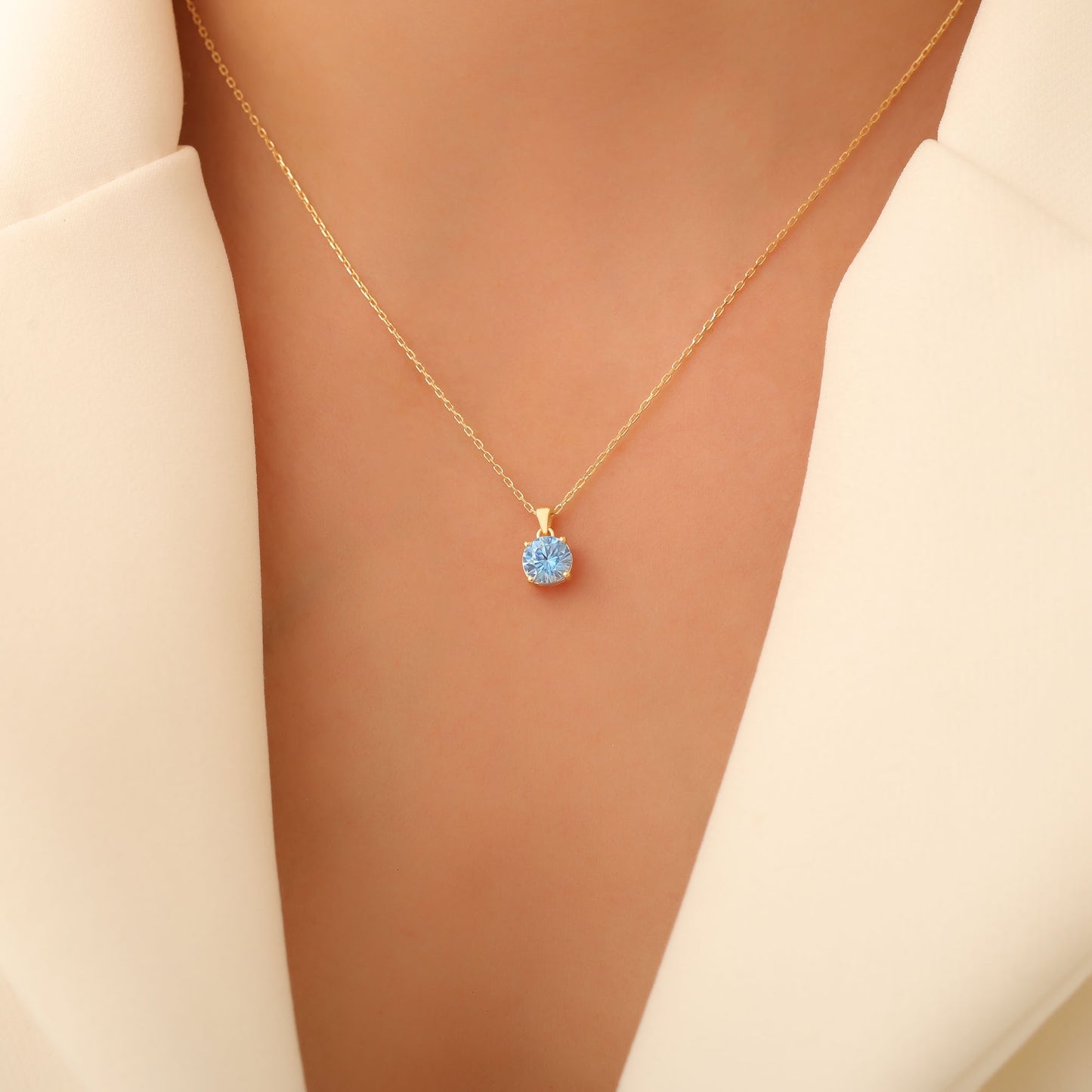 Blue Topaz Round Necklace in 14K Solid Gold | December Birthstone Pendant Queen Jewelry Necklace