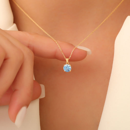 Blue Topaz Round Necklace in 14K Solid Gold | December Birthstone Pendant Queen Jewelry Necklace