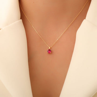 Ruby Round Necklace in 14K Solid Gold | July Birthstone Pendant Queen Jewelry Necklace