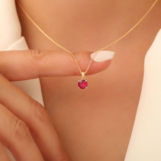 Ruby Round Necklace in 14K Solid Gold | July Birthstone Pendant Queen Jewelry Necklace
