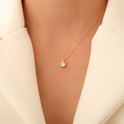 Aquamarine Round Necklace in 14K Solid Gold | March Birthstone Pendant Queen Jewelry Necklace