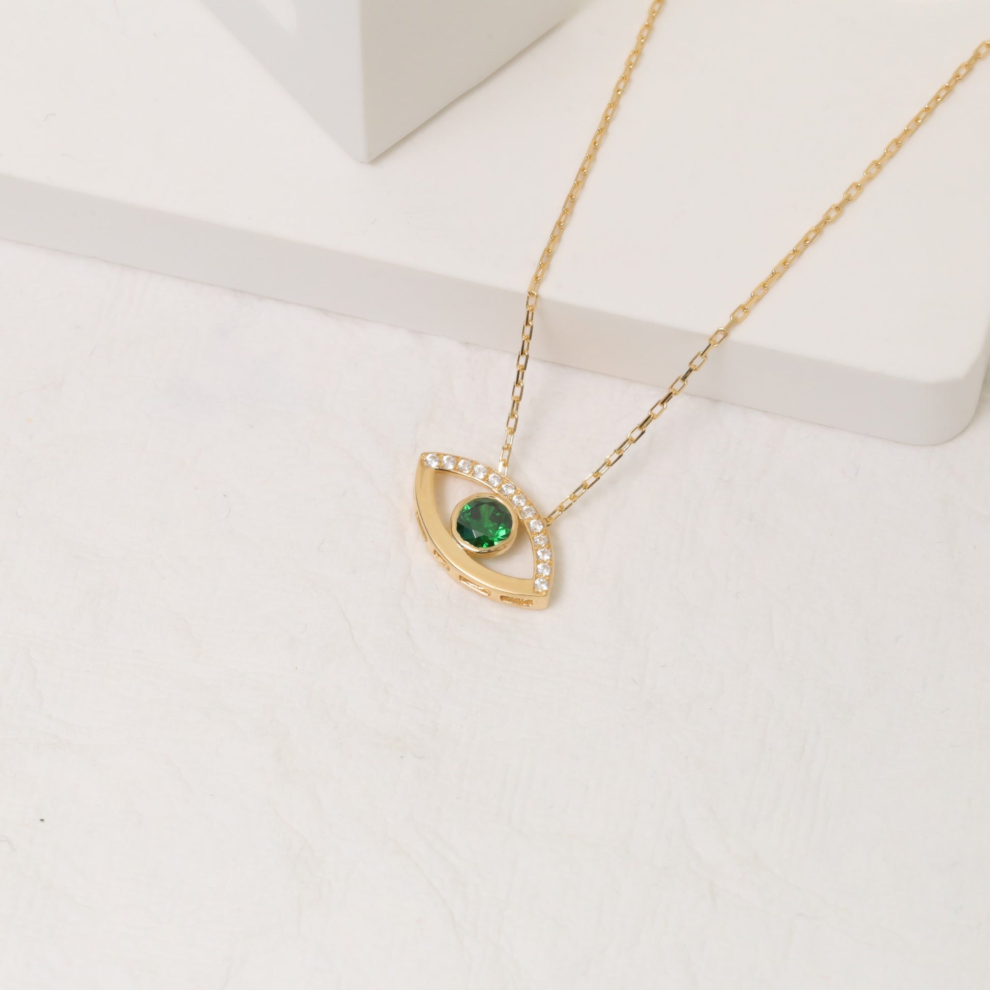 Green Eye Necklace in 14K Solid Gold with Real Diamonds, Emerald Birthstone Jewelry Queen Jewelry Necklace