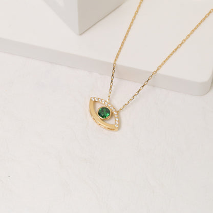 Green Eye Necklace in 14K Solid Gold with Real Diamonds, Emerald Birthstone Jewelry Queen Jewelry Necklace