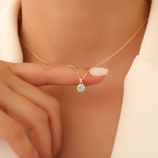 Aquamarine Round Necklace in 14K Solid Gold | March Birthstone Pendant Queen Jewelry Necklace