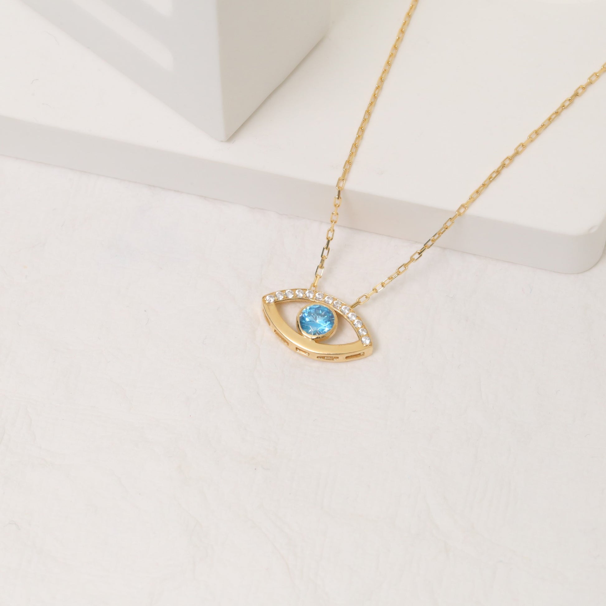 Blue Evil Eye Necklace in 14K Solid Gold with Real Diamonds, Symbol of Protection Queen Jewelry Necklace