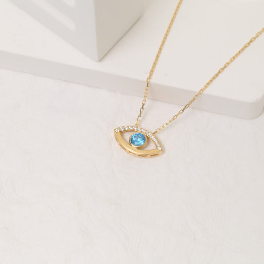 Blue Evil Eye Necklace in 14K Solid Gold with Real Diamonds, Symbol of Protection Queen Jewelry Necklace