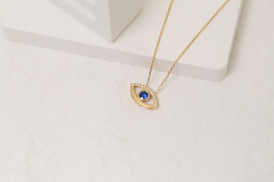 Dark Blue Sapphire Evil Eye Necklace in 14K Solid Gold with Real Diamonds | September Birthstone Queen Jewelry Necklace