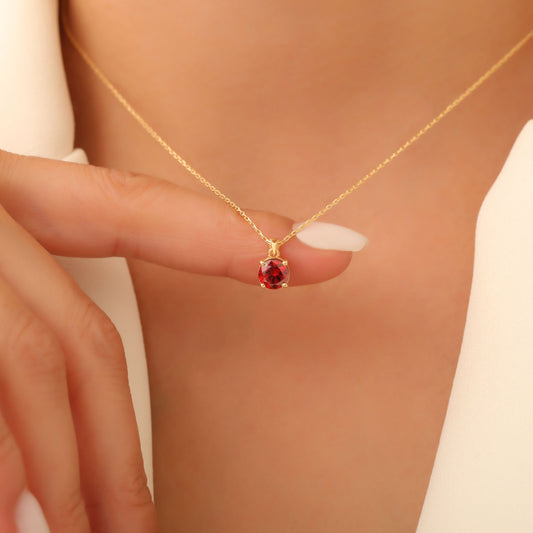 Garnet Round Necklace in 14K Solid Gold | January Birthstone Pendant Queen Jewelry Necklace