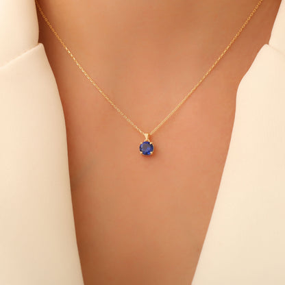 Sapphire Round Necklace in 14K Solid Gold | September Birthstone Pendant Queen Jewelry Necklace