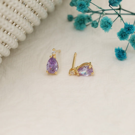Amethyst Drop Stud Earrings in 10K/14K Solid Gold with Real Diamond, February Birthstone Jewelry