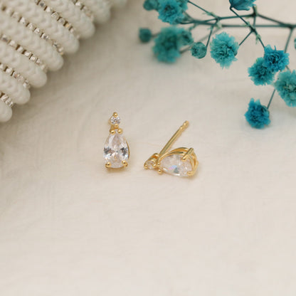 White Topaz Drop Stud Earrings in 10K/14K Solid Gold with Real Diamond, April Birthstone Jewelry
