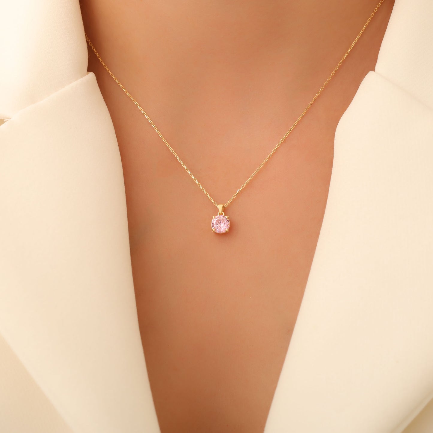Pink Tourmaline Round Necklace in 14K Solid Gold | October Birthstone Pendant Queen Jewelry Necklace