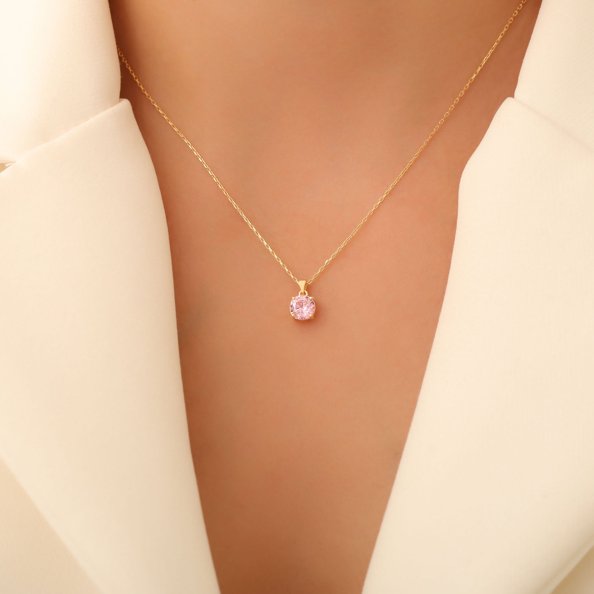 Pink Tourmaline Round Necklace in 14K Solid Gold | October Birthstone Pendant Queen Jewelry Necklace
