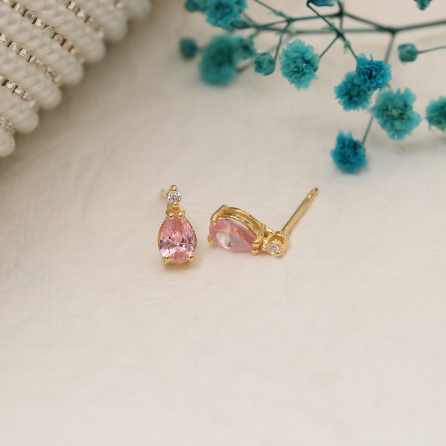 Pink Tourmaline Drop Stud Earrings in 10K/14K Solid Gold with Real Diamond, October Birthstone Jewelry