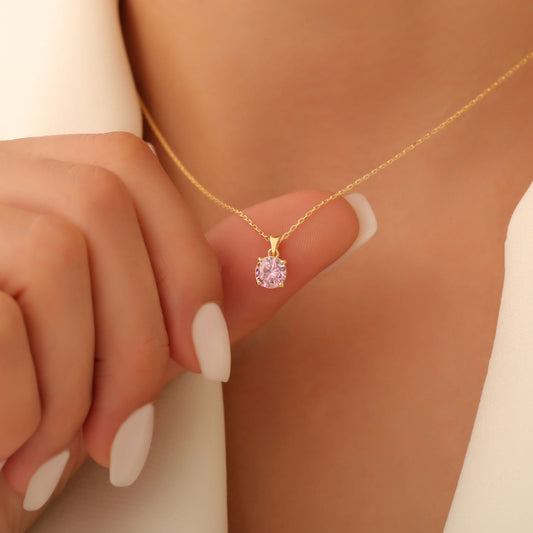 Pink Tourmaline Round Necklace in 14K Solid Gold | October Birthstone Pendant Queen Jewelry Necklace