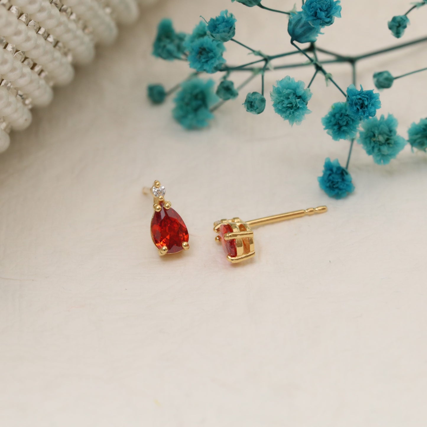 Garnet Drop Stud Earrings in 10K/14K Solid Gold with Real Diamond, January Birthstone Jewelry