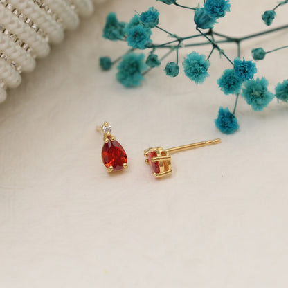 Garnet Drop Stud Earrings in 10K/14K Solid Gold with Real Diamond, January Birthstone Jewelry