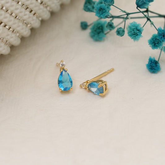 Aquamarine Drop Stud Earrings in 10K/14K Solid Gold with Real Diamond, March Birthstone Jewelry