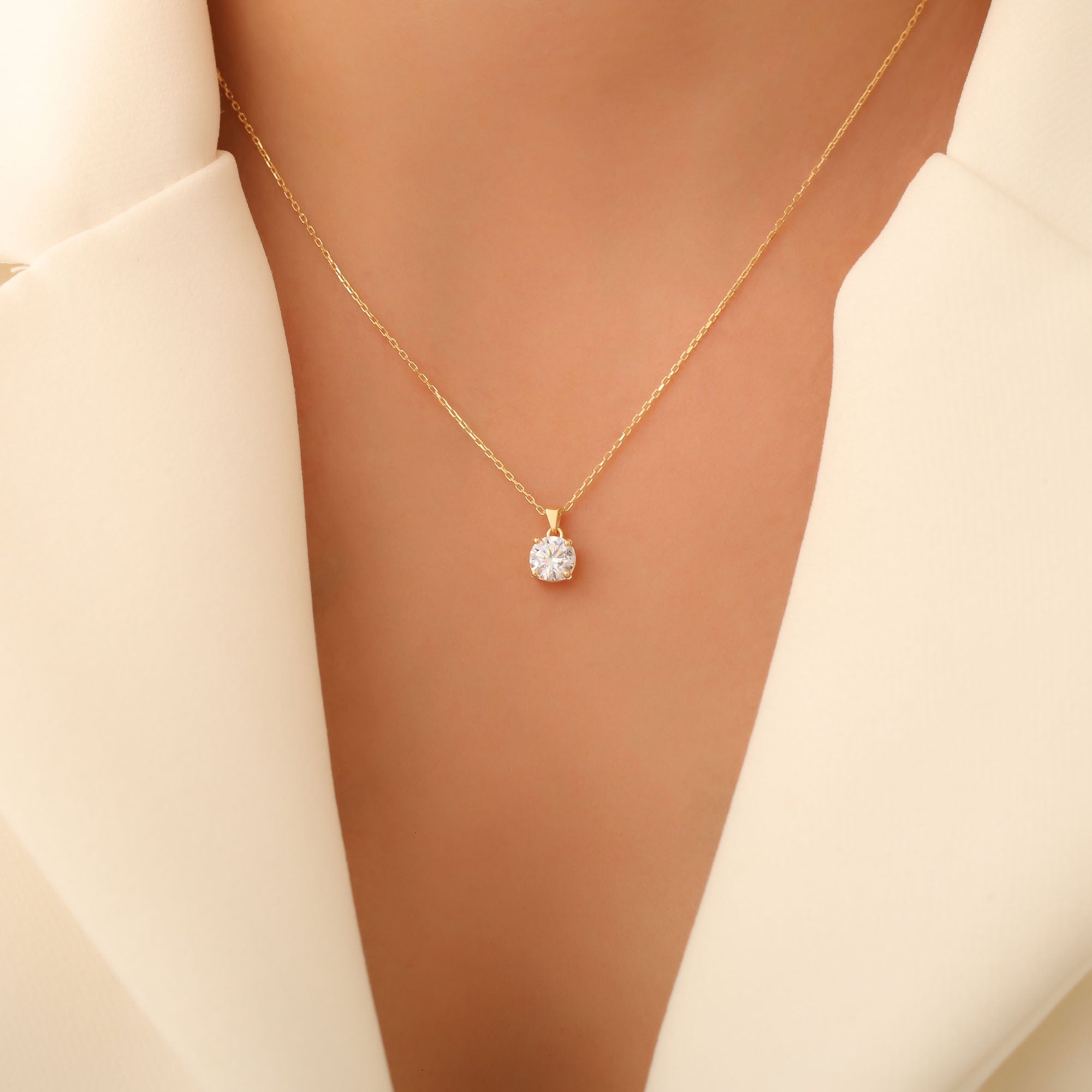 White Topaz Round Necklace in 14K Solid Gold | April Birthstone Pendant Queen Jewelry Necklace