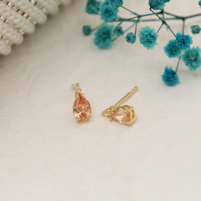 Citrine Drop Stud Earrings in 10K/14K Solid Gold with Real Diamond, November Birthstone Jewelry