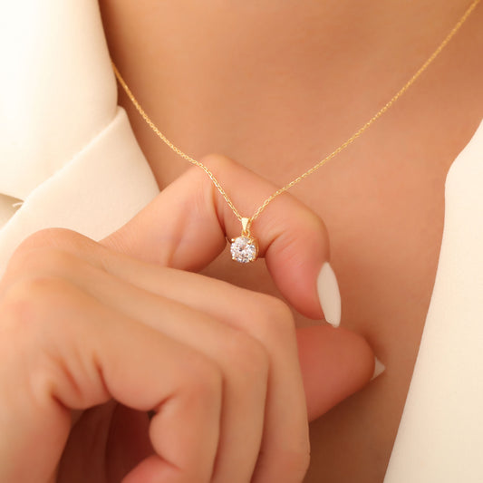 White Topaz Round Necklace in 14K Solid Gold | April Birthstone Pendant Queen Jewelry Necklace