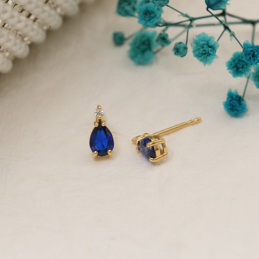 Sapphire Drop Stud Earrings in 10K/14K Solid Gold with Real Diamond, September Birthstone Jewelry