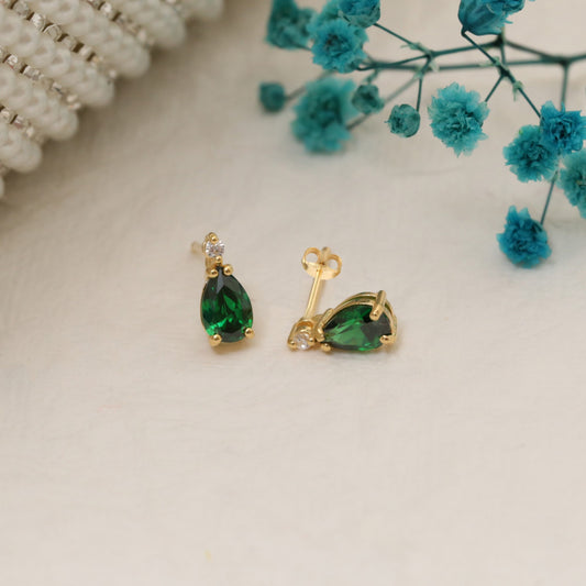 Emerald Drop Stud Earrings in 10K/14K Solid Gold with Real Diamond, May Birthstone Jewelry