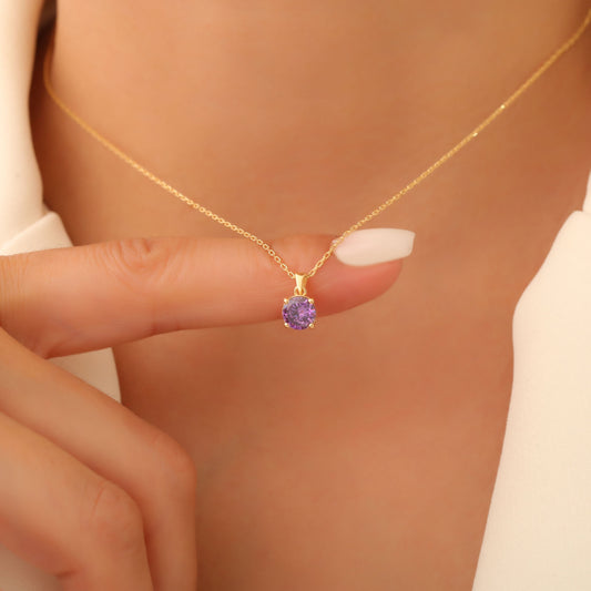 Amethyst Round Necklace in 14K Solid Gold | February Birthstone Pendant Queen Jewelry Necklace