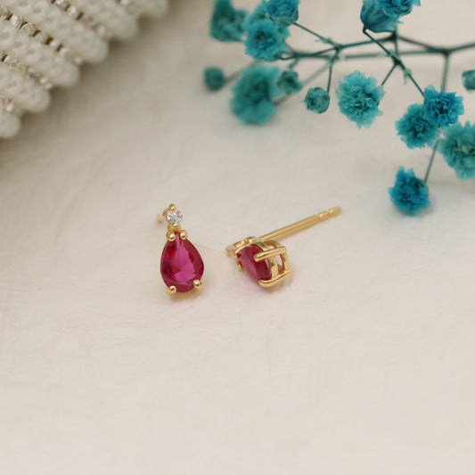 Ruby Drop Stud Earrings in 10K/14K Solid Gold with Real Diamond, July Birthstone Jewelry
