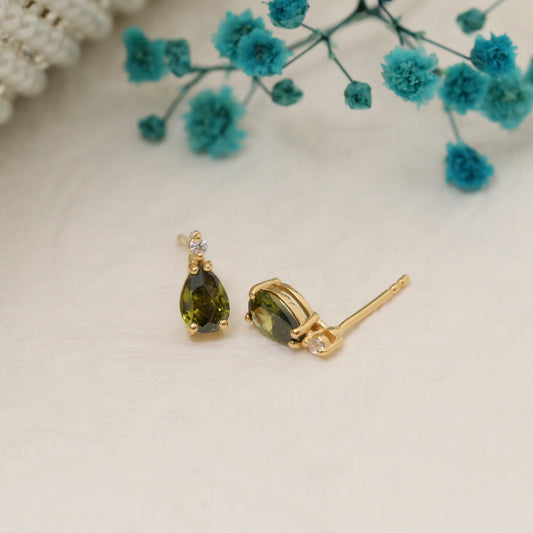 Peridot Drop Stud Earrings in 10K/14K Solid Gold with Real Diamond, August Birthstone Jewelry