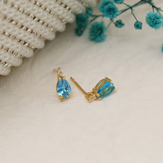 Blue Topaz Drop Stud Earrings in 10K/14K Solid Gold with Real Diamond, December Birthstone Jewelry