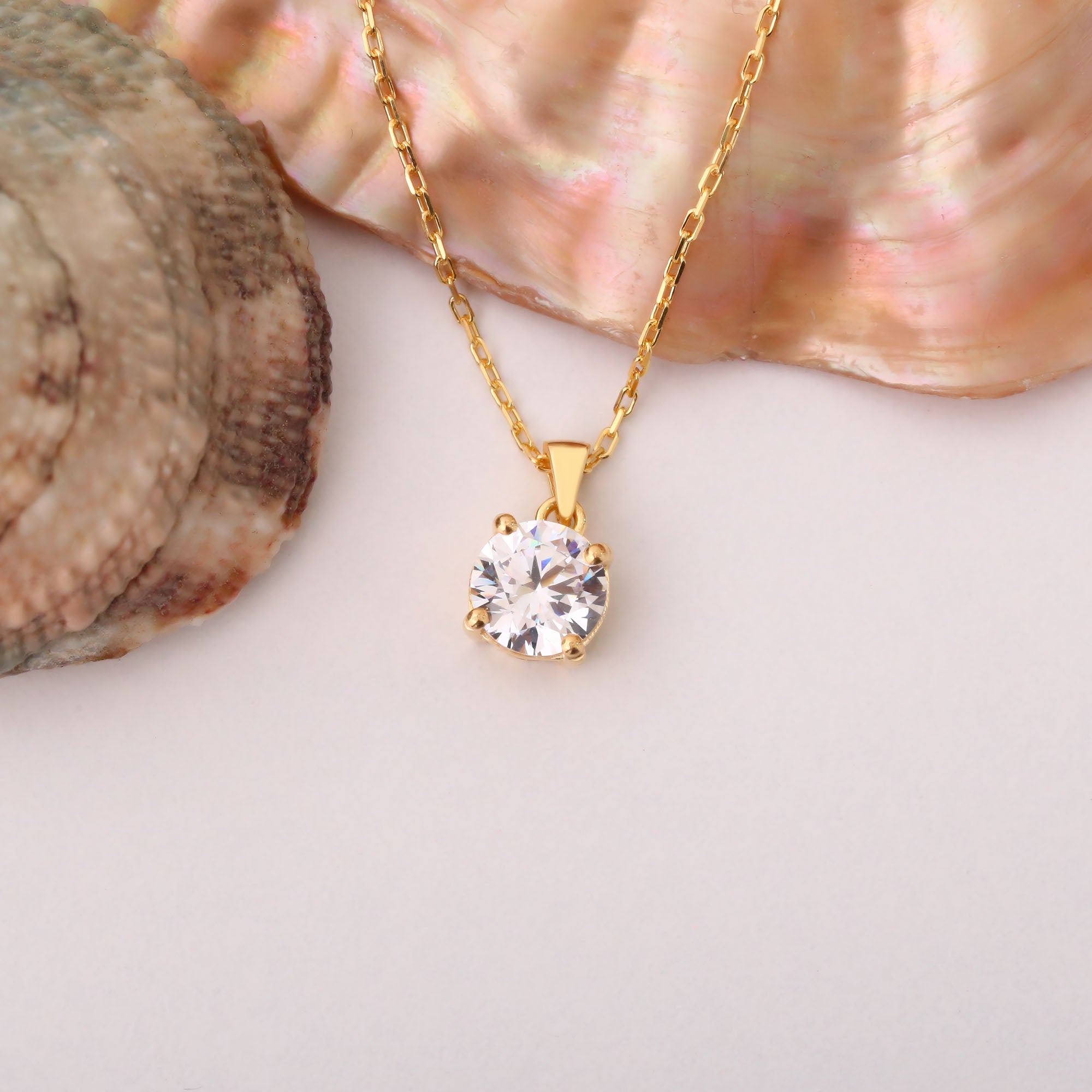 White Topaz Round Necklace in 14K Solid Gold | April Birthstone Pendant Queen Jewelry Necklace