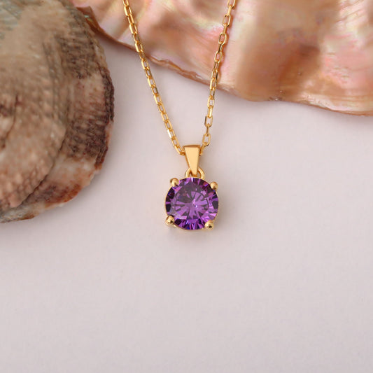 Amethyst Round Necklace in 14K Solid Gold | February Birthstone Pendant Queen Jewelry Necklace