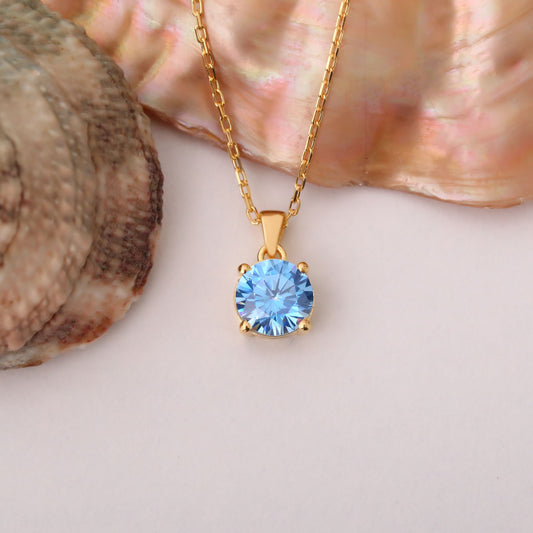 Blue Topaz Round Necklace in 14K Solid Gold | December Birthstone Pendant Queen Jewelry Necklace