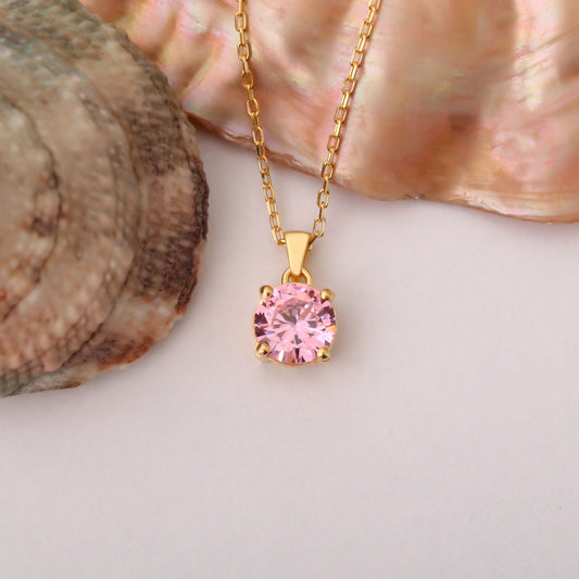 Pink Tourmaline Round Necklace in 14K Solid Gold | October Birthstone Pendant Queen Jewelry Necklace