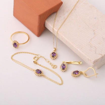 Oval Cut Amethyst Necklace with Real Diamonds, 10K/14K Solid Gold, February Birthstone Pendant