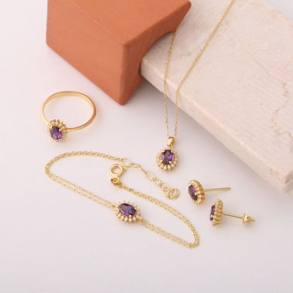 Oval Cut Amethyst Necklace with Real Diamonds, 10K/14K Solid Gold, February Birthstone Pendant