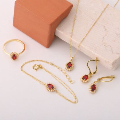 Garnet Oval Bracelet 8K/10K/14K Solid Gold Surrounded by Real Diamonds, January Birthstone Gift