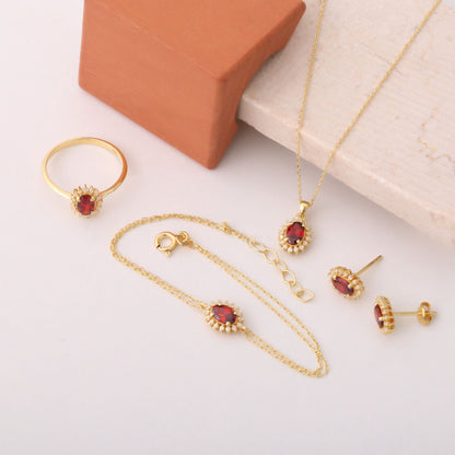 Garnet Oval Bracelet 8K/10K/14K Solid Gold Surrounded by Real Diamonds, January Birthstone Gift