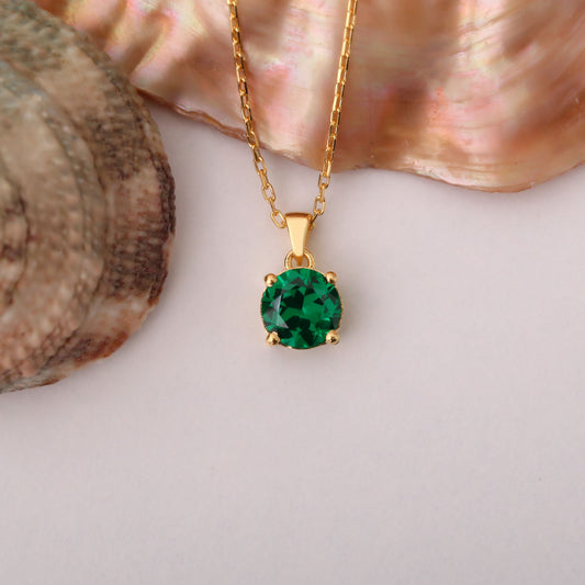 Emerald Round Necklace in 14K Solid Gold | May Birthstone Pendant Queen Jewelry Necklace
