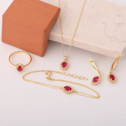 Ruby Oval Ring 8K/10K/14K Solid Gold Surrounded by Real Diamonds, July Birthstone Gift