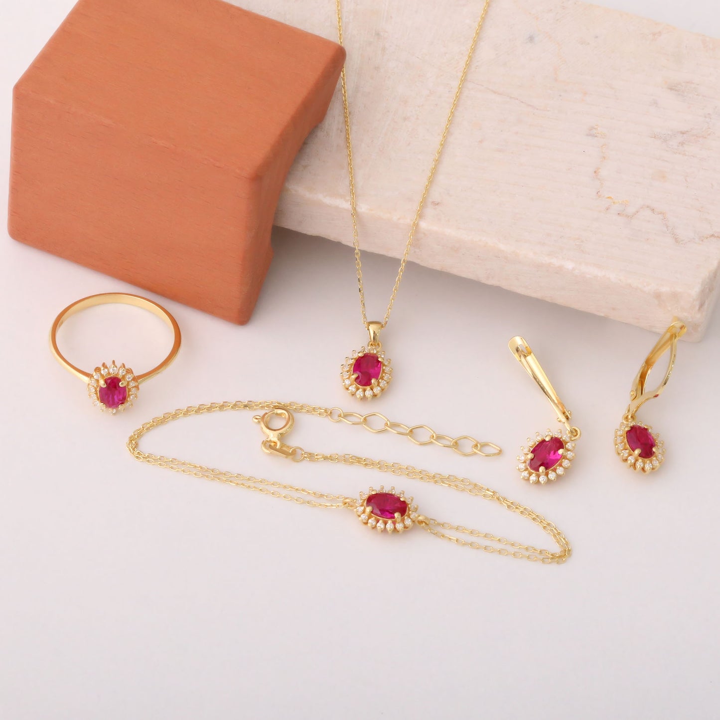 Ruby Oval Bracelet 8K/10K/14K Solid Gold Surrounded by Real Diamonds, July Birthstone Gift