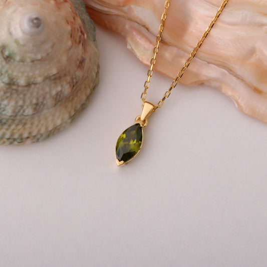 Peridot Marquise Necklace in 14K Solid Gold | August Birthstone Pendant Queen Jewelry Necklace