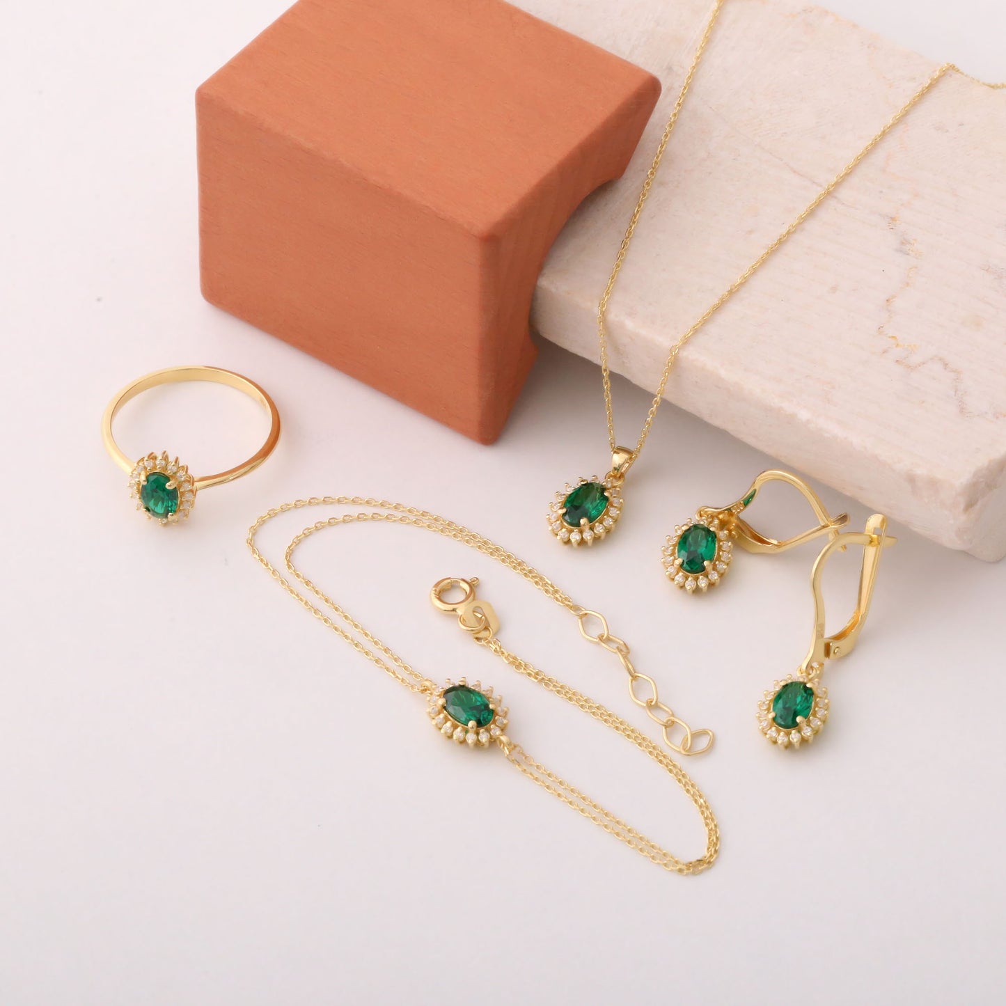 Emerald Oval Bracelet 8K/10K/14K Solid Gold Surrounded by Real Diamonds, May Birthstone Gift