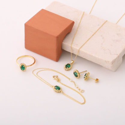Oval Cut Emerald Dangling Earring Surrounded by Real Diamonds, 8K/10K/14K Solid Gold, May Birthstone
